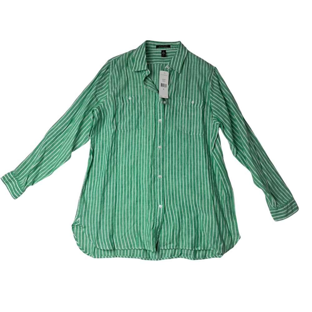 NWT Lauren Ralph Lauren Button Down Women XL Green Striped 100% Linen Preppy